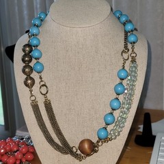 Vintage Turquoise Blue Mixed Media Bead Chain Necklace 48in 82g Boho