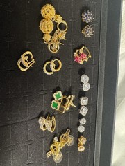 Vintage & Antique Gold Tone Earrings Mixed Lot 14Pairs Stud Hoop Gemstone