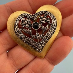 Vintage Heart Brooch Lot Gold Silver Tone Rhinestone Filigree Open Work Ribbon