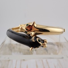 Jackie Collins 2 Panther Enamel Black Gold Tone Rhinestone 6.5″ Hinged Bangle