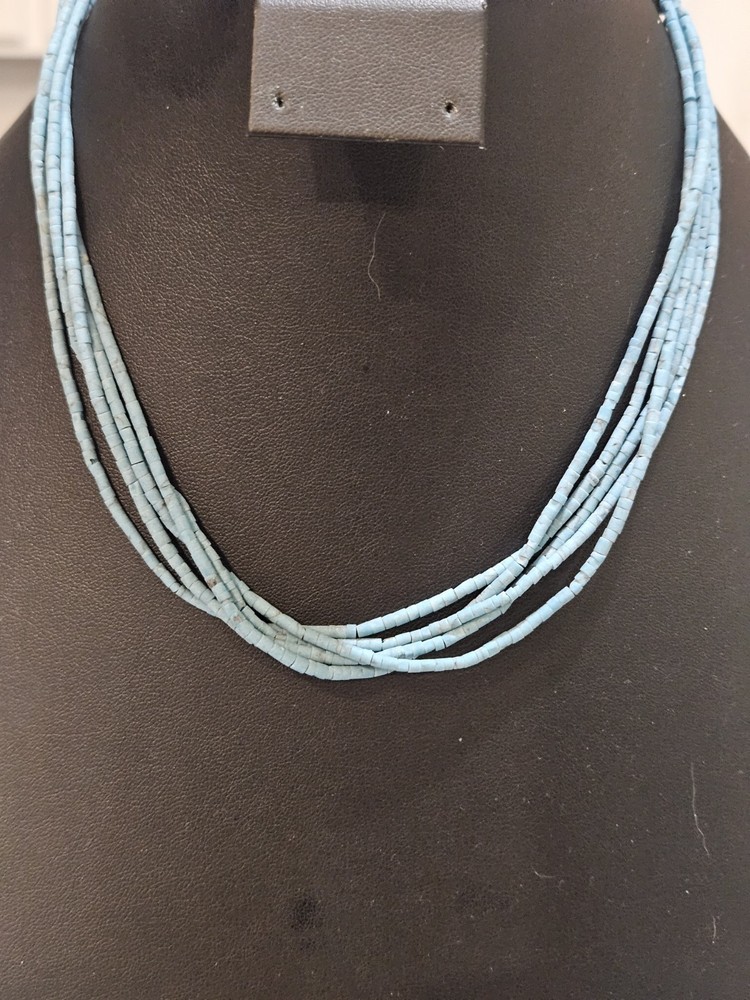 Vintage 5 Strand Heishi Necklace Turquoise Color Blue & Silver Tone Bead Accents