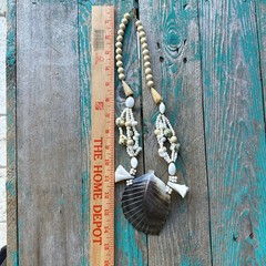 Vintage Artisan Pendant Necklace 24 Inch Carved MOP Shell Beaded Beachy Chunky