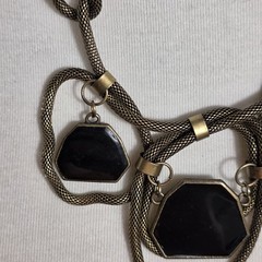 Brass-Tone Statement Necklace Thick Mesh Chain Geometric Rein Black Pendants