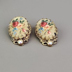 Vintage Flower Clip On Earrings Glass Transferware Germany Gold Tone Filigree