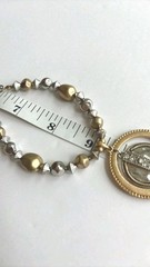 Antique gold tone necklace / Tricolor Disk pendant with clear crystals