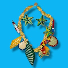 Vintage Coastal Shell Starfish Necklace Set Clip Earrings Parrot Fish 18in