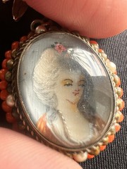 Antique Yellow Gold + Silver Coral Seed Pearls Hand Painted Portrait Pendant