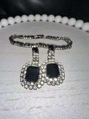 Vintage Clear Black Rhinestone Bracelet Clip-On Earrings Set Emerald Cut Costume