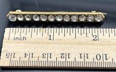 Antique Rhinestone Bar Brooch Gold Tone White Stones 2 5/16″ LONG PIN Prong Set