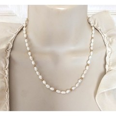 14K Yellow Gold White Fresh Water Pearl Beaded & Knotted Necklace 18″
