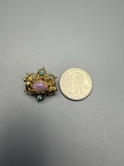 Coro Pin Faux Pink Fire Opal Aqua Rhinestone Gold Plated Mid century Vintage .9”