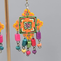 Vintage Multicolor Statement Pierced Earrings Wood Bead Hand Painted 2.5 in