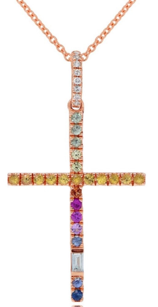 .39CT DIAMOND & AAA MULTI COLOR SAPPHIRE 14KT ROSE GOLD ROUND & BAGUETTE PENDANT