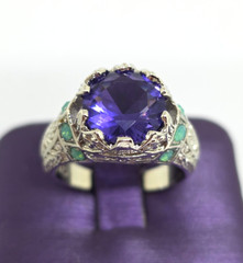 Faux Purple Amethyst Green Opal Filigree Silver Cocktail Ring Marked 925 SZ 7.25