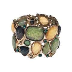 VTG Shades of Green & Yellow Shimmering Faux Opal Stretch Cuff Bracelet 6.5″