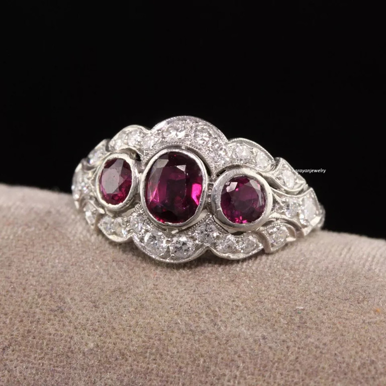 Edwardian 4Ct Oval Cut Red Ruby CZ Womens Engagement Ring 14K White Gold Plated