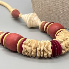 Vintage Chunky Wooden Beaded and Shell Statement Necklace Burgundy 23”