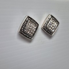 Vtg Square Pavé Crystal Rhinestones Silver Plate Pierced Stud Earrings