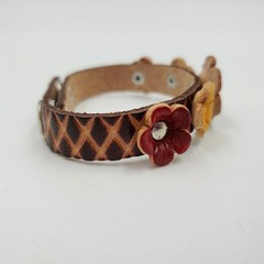 Peasant Leather Flower Cuff Bracelet Adjustable Handmade Boho Country Cottage