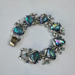 Vintage Coro Bracelet with Blue Aurora Borealis Fan Shell Cabochons