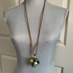 Vintage Jade Grape Necklace Cluster Beads gem stone mix On Long cord Multi Color