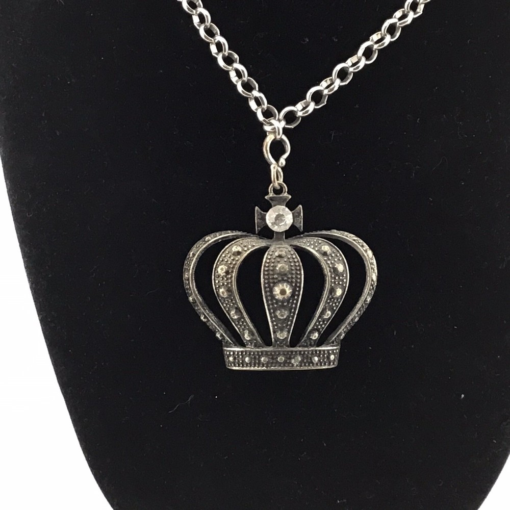 Vtg Necklace Chunky Crown Pendant SilverT Rhinestone Hip Hop Layer 30-33”