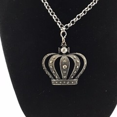 Vtg Necklace Chunky Crown Pendant SilverT Rhinestone Hip Hop Layer 30-33”