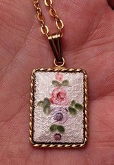 Vintage Guilloche Enamel Pendant Necklace Roses