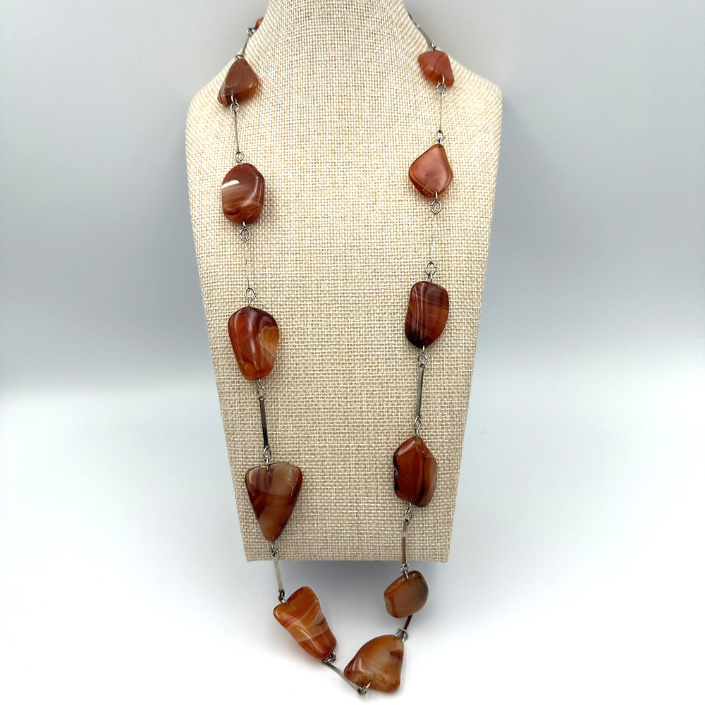 Agate Necklace Long Banded Stone Nuggets Boho Orange Statement 32″