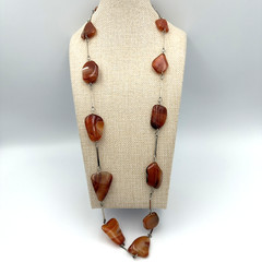 Agate Necklace Long Banded Stone Nuggets Boho Orange Statement 32″