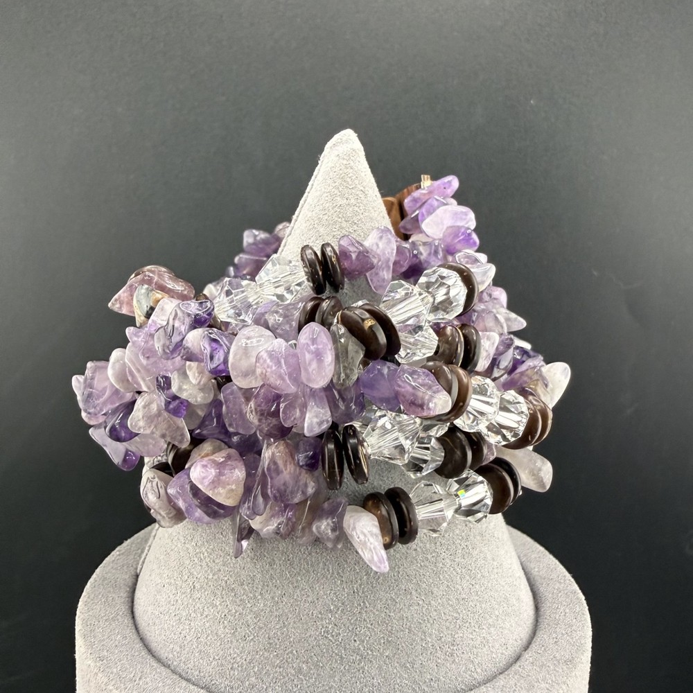 Polished Stone Bracelet Mulit-Strand Amethyst Clear Quartz Boho 7”