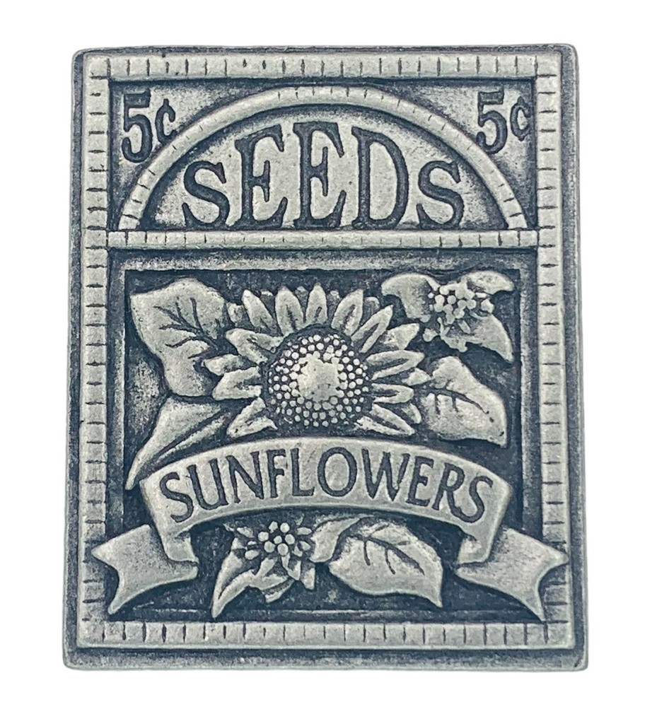Vintage BIRDS and BLOOMS Signed Brooch Sunflower Seeds Packet Pewter Tone Pin