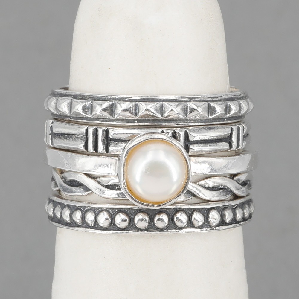 Vintage Shube’s for Silpada Sterling Pearl 5 Stackable Ring Set R1068 HTF Sz 6.5