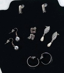 Vintage Earring Lo9t 5 Pair Silver Tone Studs Wide Hoops Dangle Beads Faux Pearl