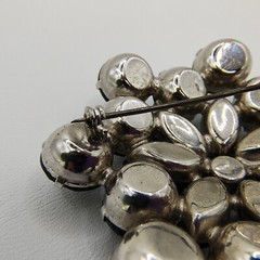 Vintage Black Glass Rhinestone Flower Brooch Pin Silver Tone Art Deco Style