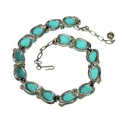 Vintage Turquoise Blue Lucite Sea SHELLS Silver Metal Link Choker Necklace