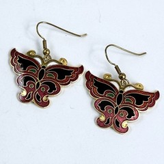 Vintage Cloisonne Enameled Butterfly Gold Tone French Wire Pierced Earrings