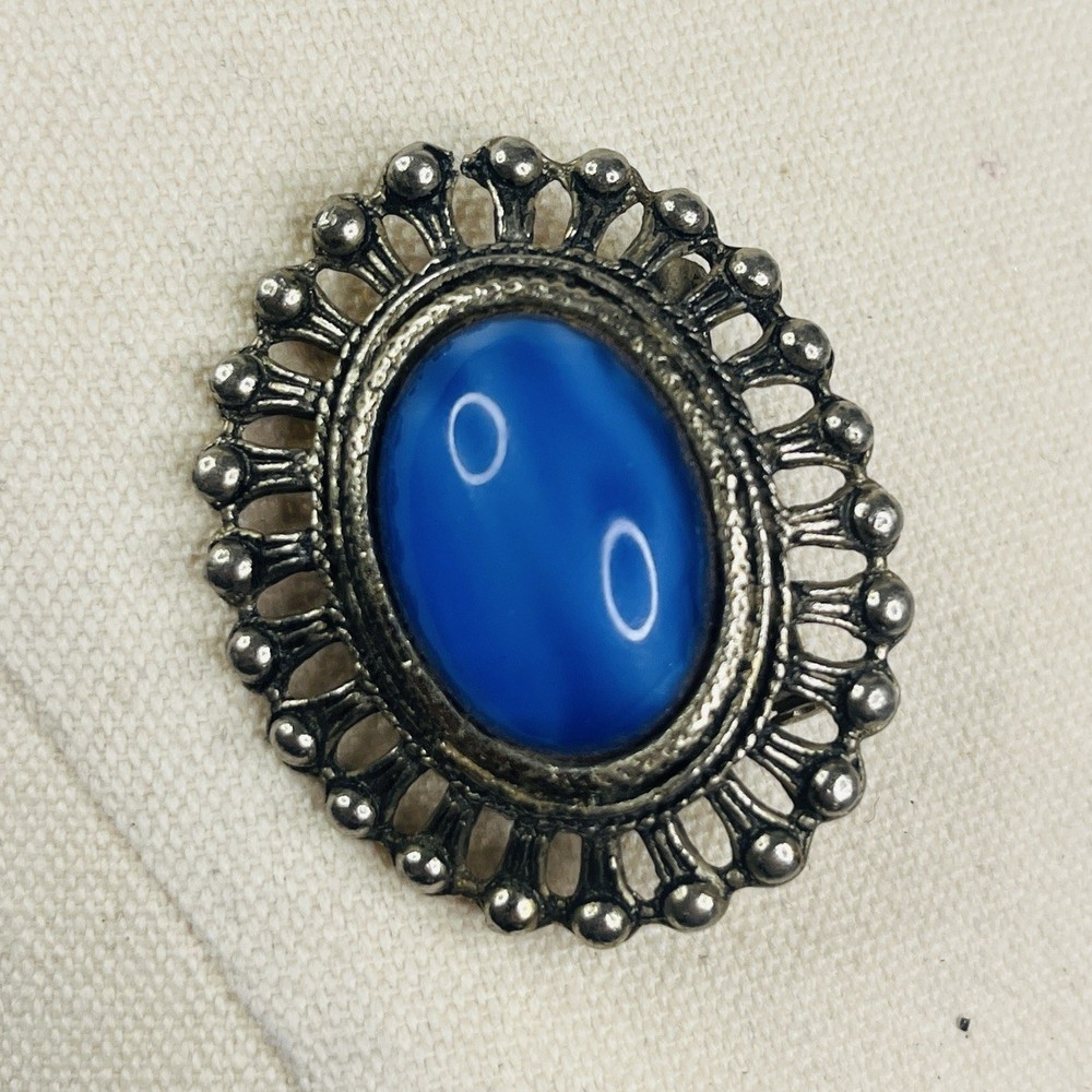 Vintage Silver Tone Blue Cabochon Oval Brooch Openwork Beaded Frame 45mm Folk