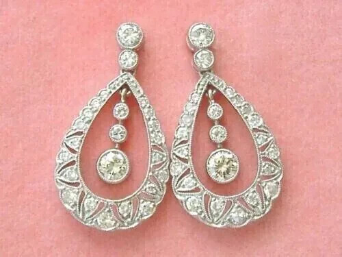 Milgrain Teardrop Dangle Earrings 2.7 Ct Simulated Diamond 14K White Gold Over