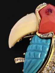 Vintage Hattie Carnegie Toucan Brooch Faux Coral Turquoise Resin Bird Pin Enamel