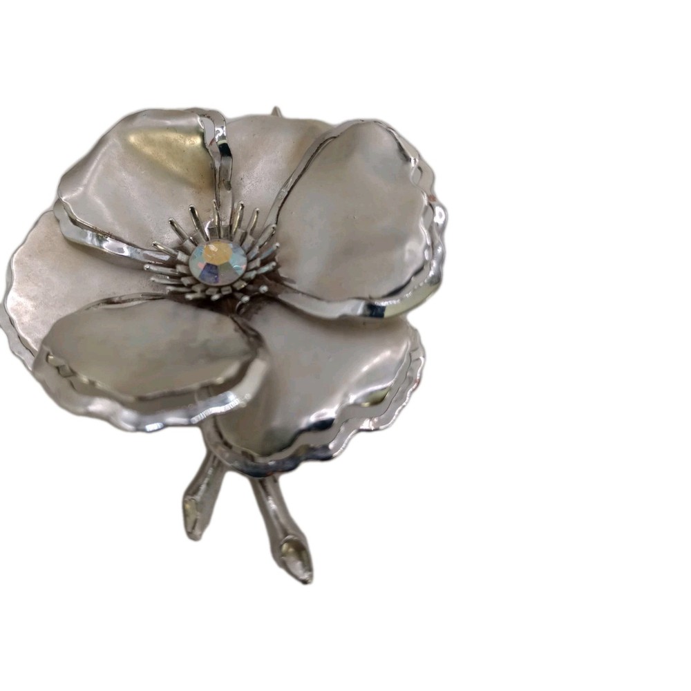 Vintage Silver Tone Flower Brooch Layered Aurora Borealis Center Pin 2 1/2 D