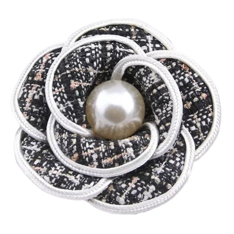 Brooch Clip Simulated Pearl Cloth Black & White Plaid Flower