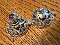 Vintage Brass Harmony Ball Swirled Silver Cage Angel Chime Purple Stone Pendant