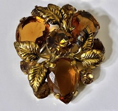 Vintage AUSTRIAN Flower Leaf Brooch & Earring Set, Topaz Crystal Rhinestones!