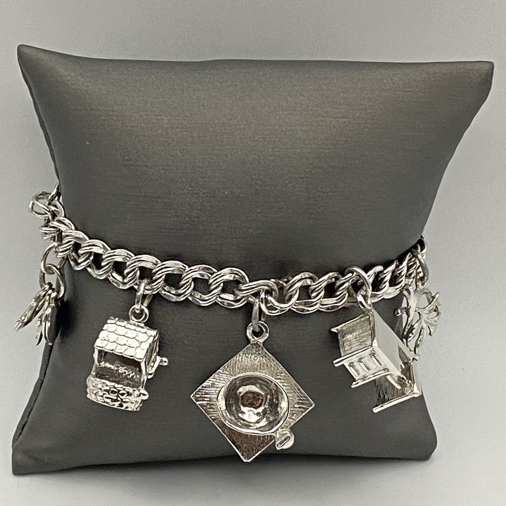 Vintage 70’s Sterling Silver 7″ Variety Charm Bracelet Double Link Safety Chain