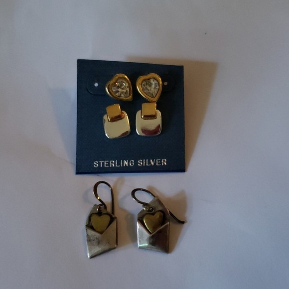 3 pairs of vintage Heart themed sterling silver, gold tone & crystal Earrings