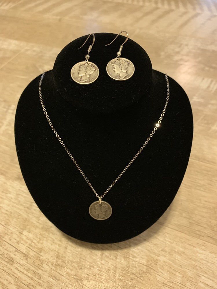 Mercury Dime Pendant With .925 18″ Silver Necklace & Earrings-Handcrafted