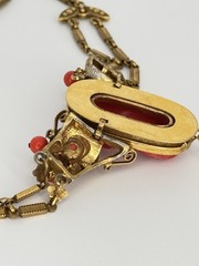 Vintage 1920s-1930s Art Deco Czech Faux Coral Cameo Brass Tassel Necklace