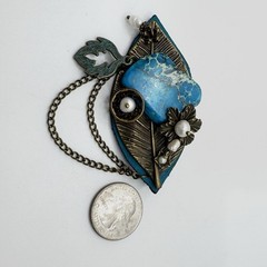 Artisan Brooch Variscite Stone & Freshwater Pearls Brass Leaf Leather Steampunk