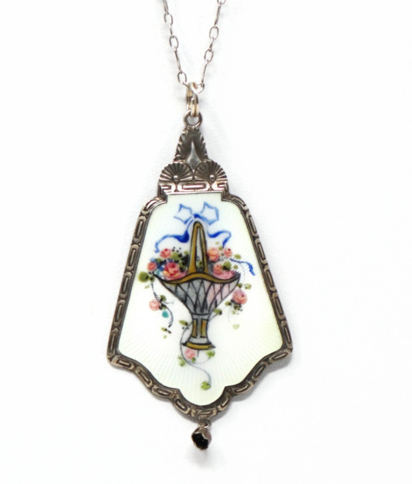 Antique Sterling Silver and Guilloche Enamel Pendant HFB Co. Flower Basket